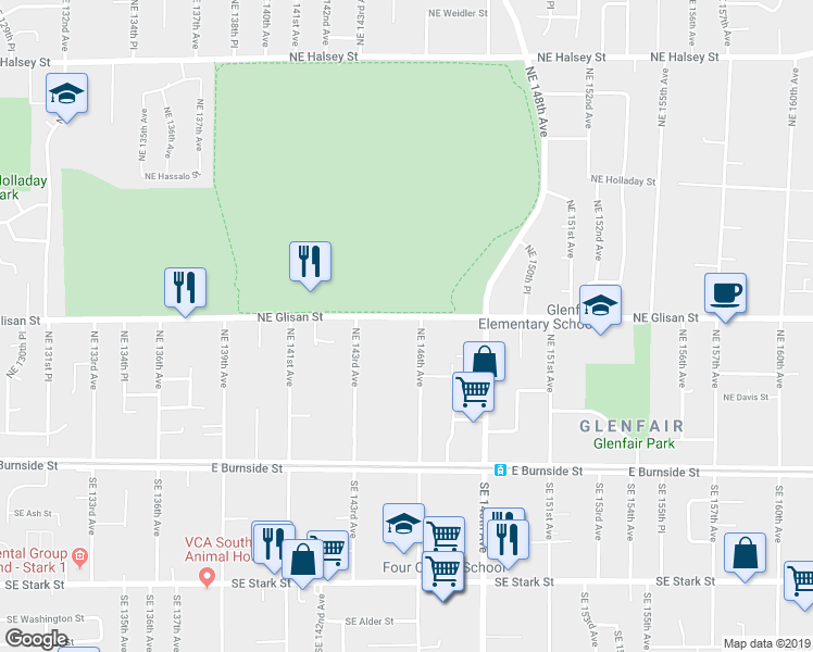 map of restaurants, bars, coffee shops, grocery stores, and more near 14450 Northeast Glisan Street in Portland