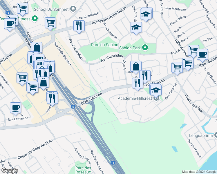 map of restaurants, bars, coffee shops, grocery stores, and more near 5175 Boulevard Samson in Laval
