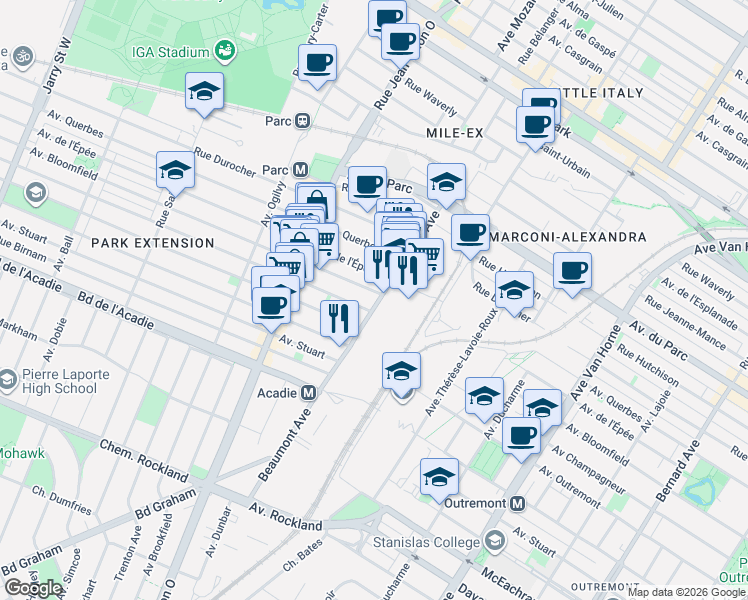 map of restaurants, bars, coffee shops, grocery stores, and more near 685 Avenue Beaumont in Montréal