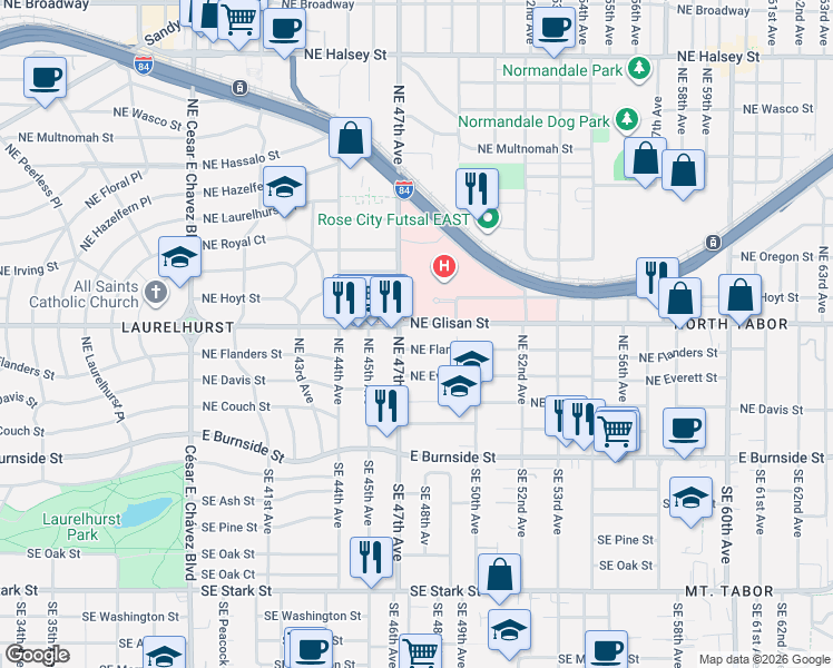 map of restaurants, bars, coffee shops, grocery stores, and more near 4722 Northeast Glisan Street in Portland