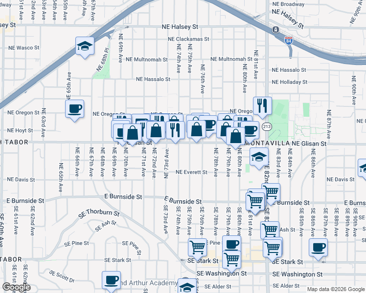 map of restaurants, bars, coffee shops, grocery stores, and more near 7450 Northeast Glisan Street in Portland