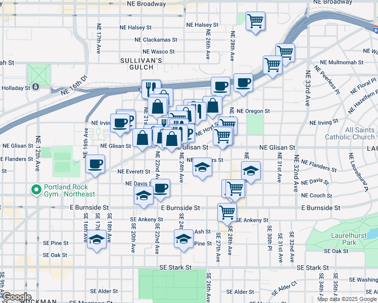 map of restaurants, bars, coffee shops, grocery stores, and more near in Portland