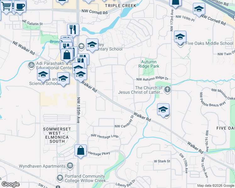 map of restaurants, bars, coffee shops, grocery stores, and more near 17965 Northwest Waterfield Court in Beaverton