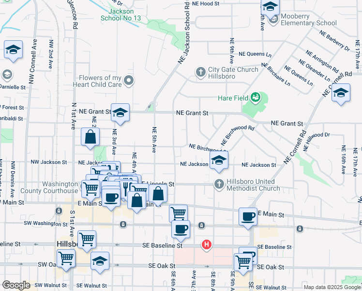 map of restaurants, bars, coffee shops, grocery stores, and more near 611 Northeast Edison Street in Hillsboro