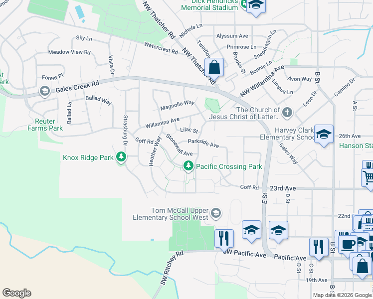 map of restaurants, bars, coffee shops, grocery stores, and more near 1077 Stonewall Avenue in Forest Grove