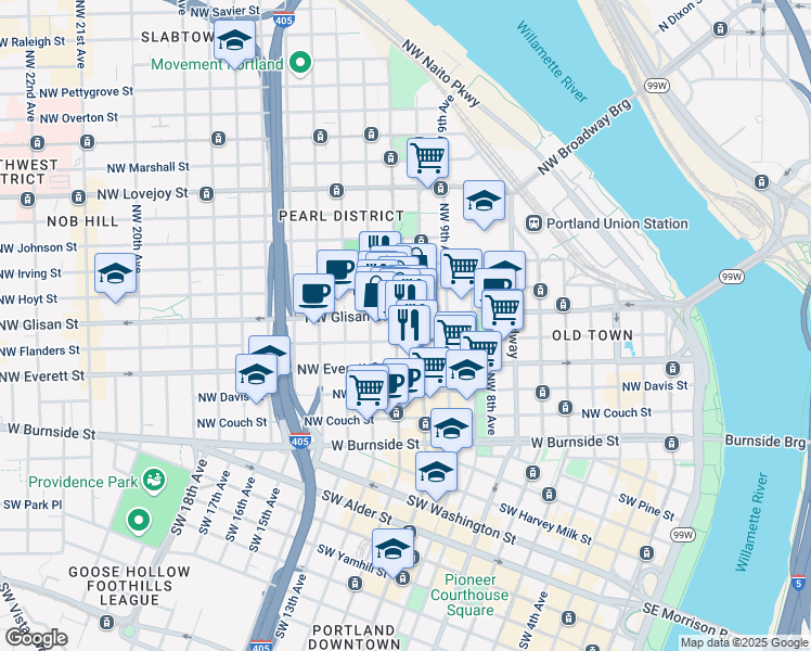 map of restaurants, bars, coffee shops, grocery stores, and more near in Portland