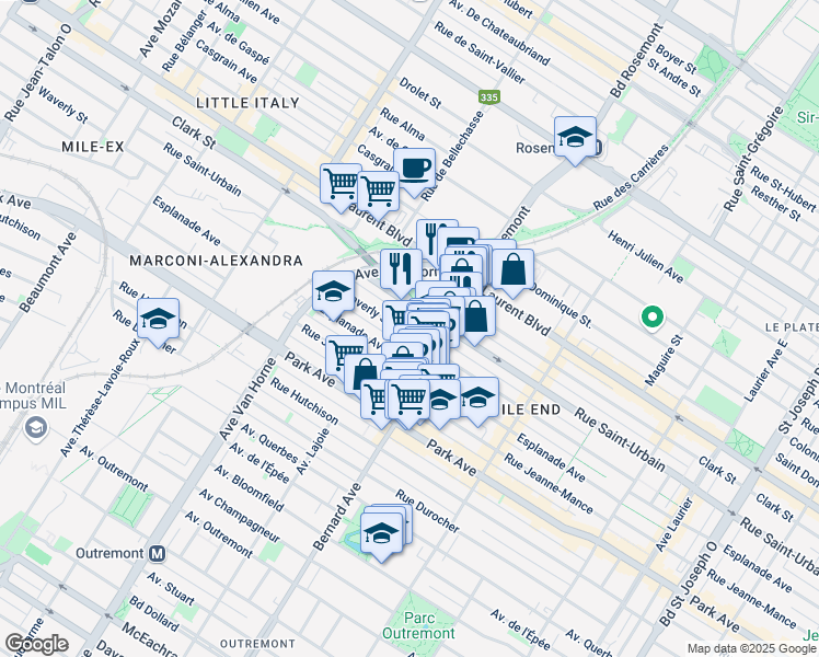map of restaurants, bars, coffee shops, grocery stores, and more near 5883 Rue Waverly in Montréal