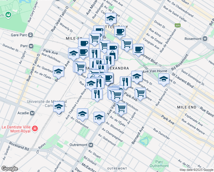 map of restaurants, bars, coffee shops, grocery stores, and more near 6355 Avenue du Parc in Montréal
