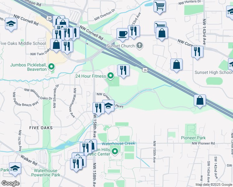 map of restaurants, bars, coffee shops, grocery stores, and more near 15455 Northwest Greenbrier Parkway in Beaverton