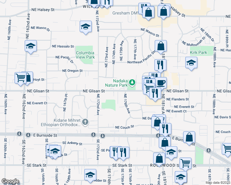 map of restaurants, bars, coffee shops, grocery stores, and more near 17448 Northeast Glisan Street in Portland