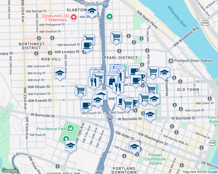 map of restaurants, bars, coffee shops, grocery stores, and more near 464 Northwest 15th Avenue in Portland