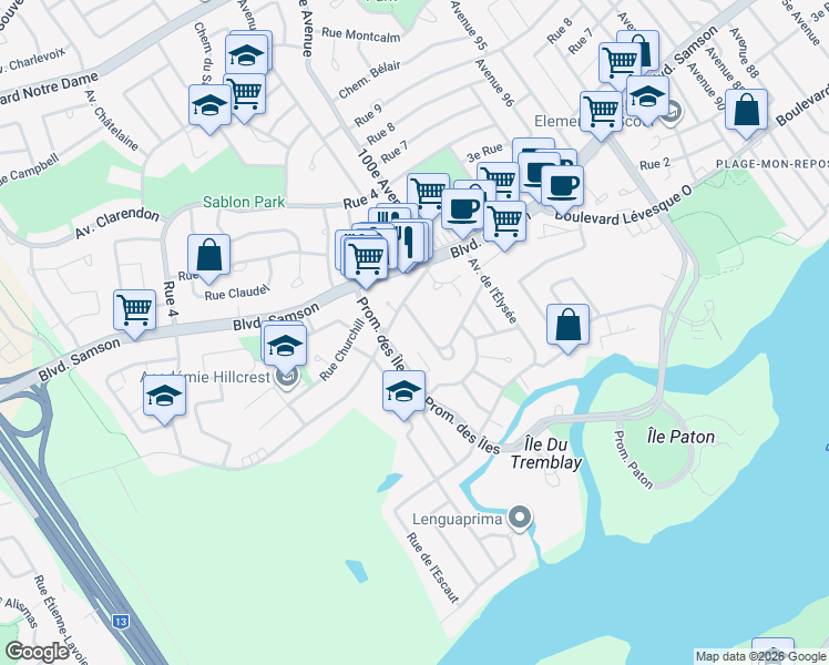 map of restaurants, bars, coffee shops, grocery stores, and more near 192 Avenue Denonville in Laval