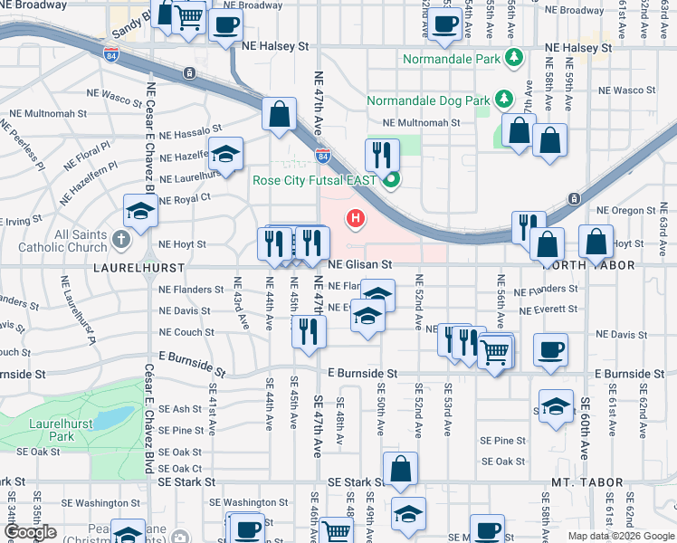 map of restaurants, bars, coffee shops, grocery stores, and more near 4742 Northeast Glisan Street in Portland