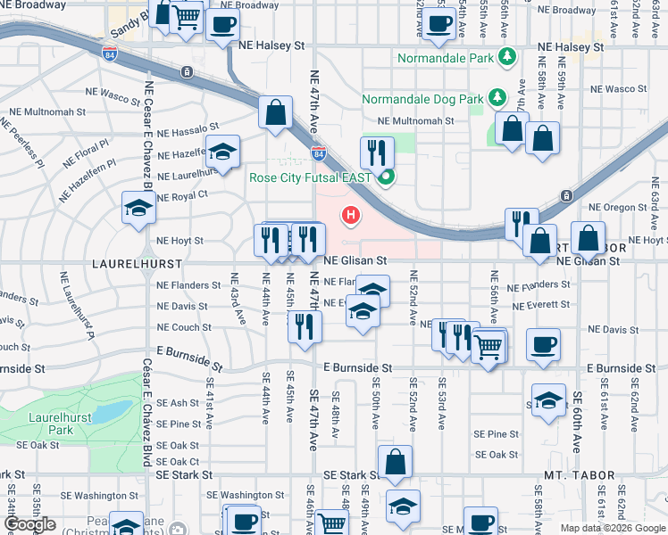 map of restaurants, bars, coffee shops, grocery stores, and more near 4742 Northeast Glisan Street in Portland