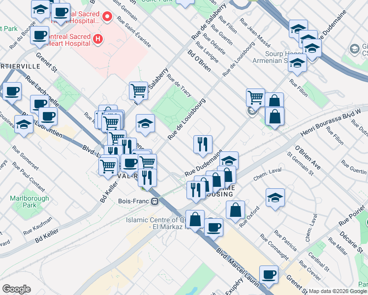 map of restaurants, bars, coffee shops, grocery stores, and more near 11822 Rue de Meulles in Montréal
