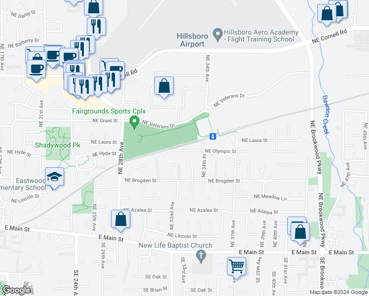 map of restaurants, bars, coffee shops, grocery stores, and more near 3305 Northeast Olympic Street in Hillsboro