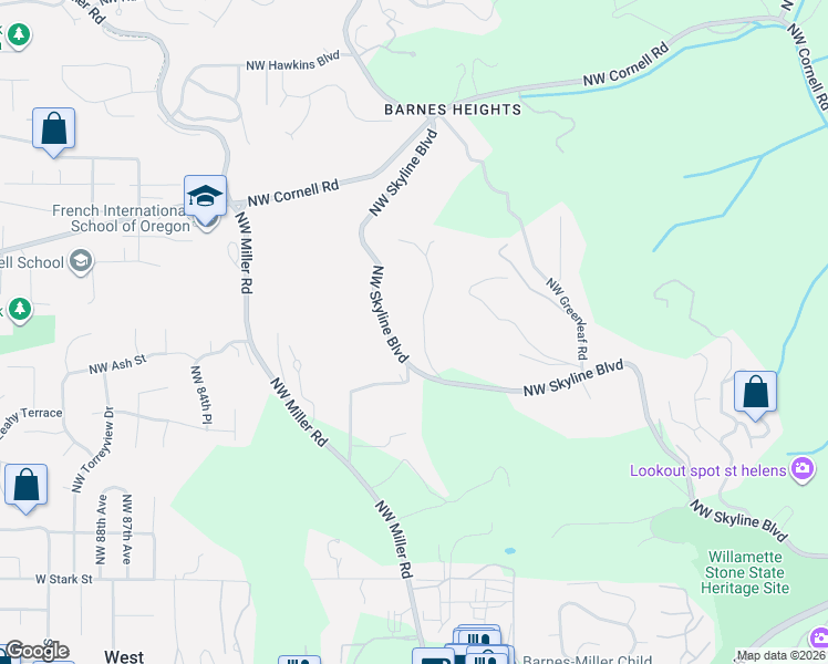 map of restaurants, bars, coffee shops, grocery stores, and more near 483 Northwest Skyline Crest Road in Portland