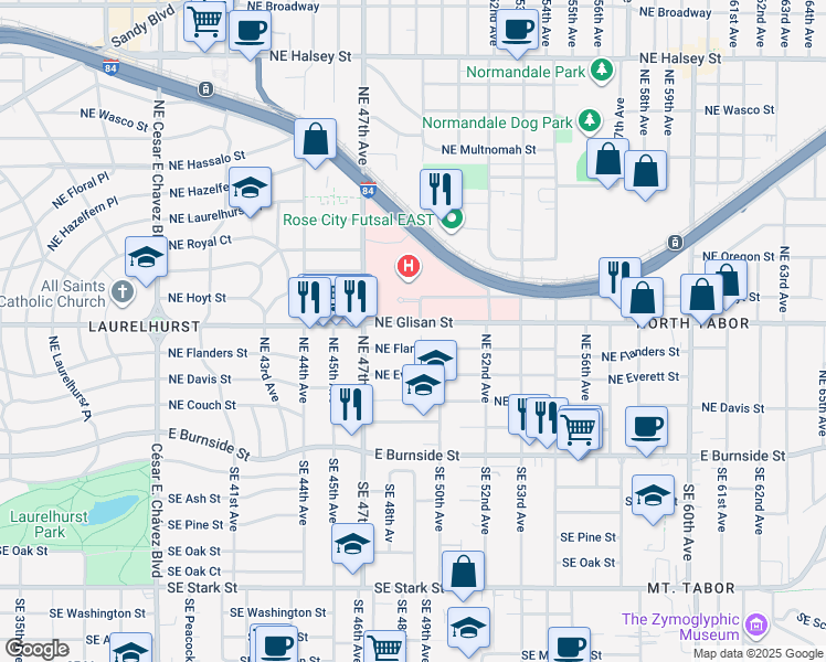map of restaurants, bars, coffee shops, grocery stores, and more near 4830 Northeast Glisan Street in Portland
