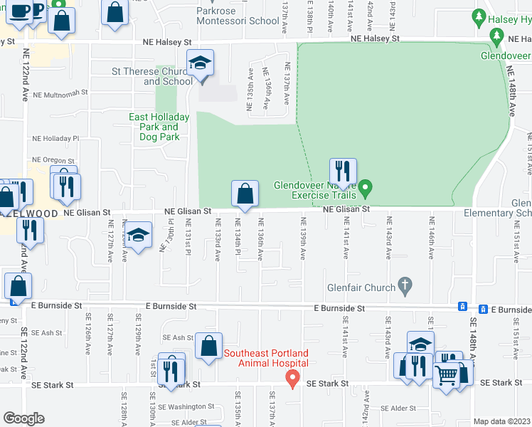 map of restaurants, bars, coffee shops, grocery stores, and more near 438 Northeast 136th Avenue in Portland