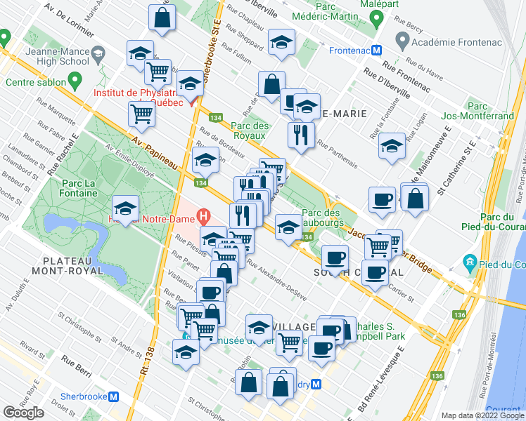 map of restaurants, bars, coffee shops, grocery stores, and more near 1827 Ontario Street East in Montreal