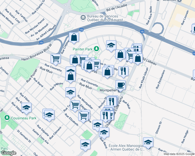 map of restaurants, bars, coffee shops, grocery stores, and more near 1300 Boulevard Jules-Poitras in Montreal