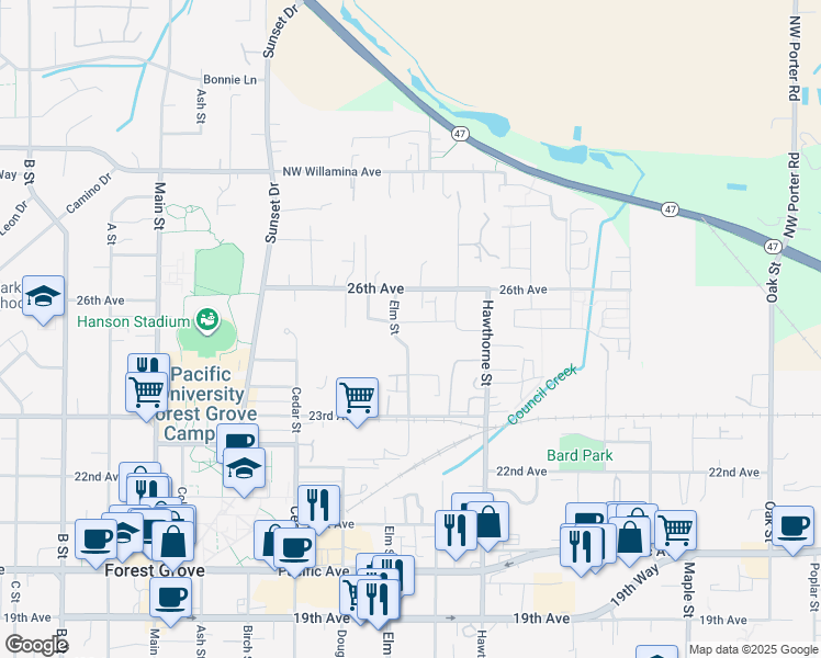 map of restaurants, bars, coffee shops, grocery stores, and more near 2851 25th Avenue in Forest Grove