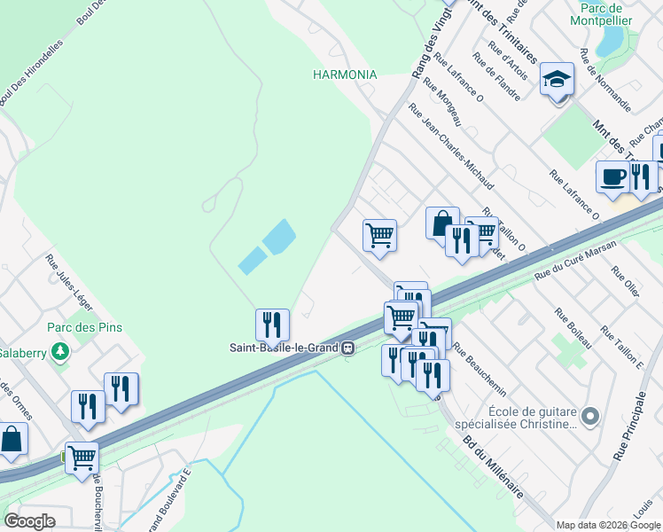 map of restaurants, bars, coffee shops, grocery stores, and more near 292 Rang des Vingt in Saint-Basile-le-Grand