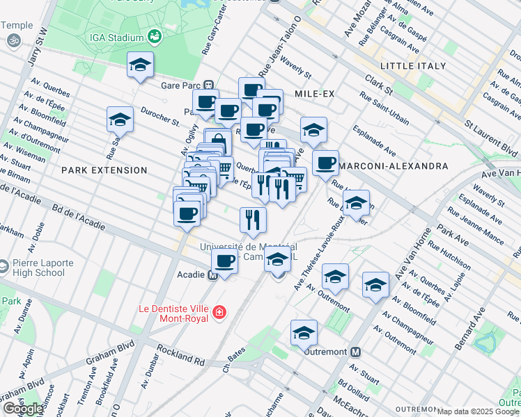 map of restaurants, bars, coffee shops, grocery stores, and more near 675 Avenue Beaumont in Montreal