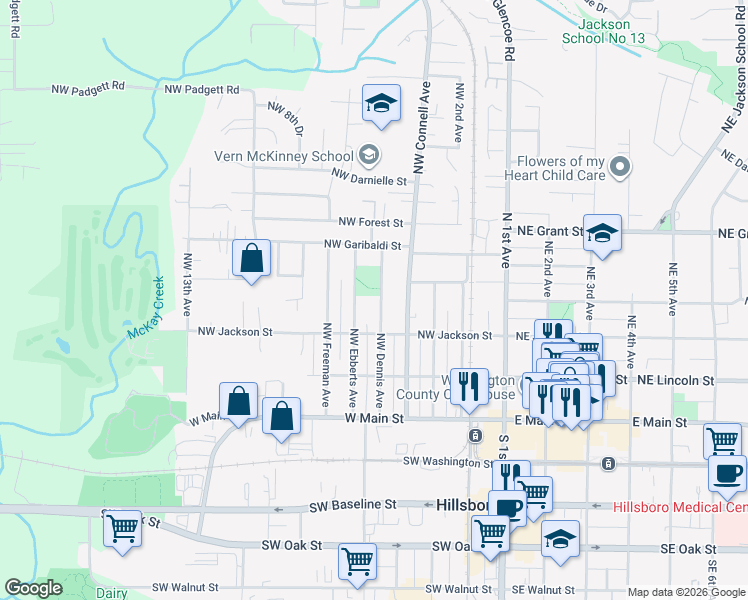 map of restaurants, bars, coffee shops, grocery stores, and more near 377 Northwest Dennis Avenue in Hillsboro