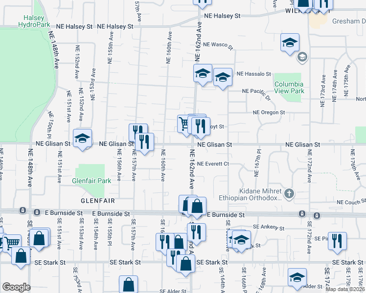 map of restaurants, bars, coffee shops, grocery stores, and more near 16117 Northeast Glisan Street in Portland