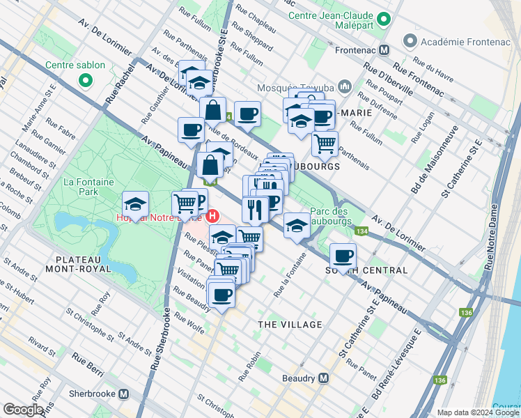 map of restaurants, bars, coffee shops, grocery stores, and more near 2023 Avenue Papineau in Montréal