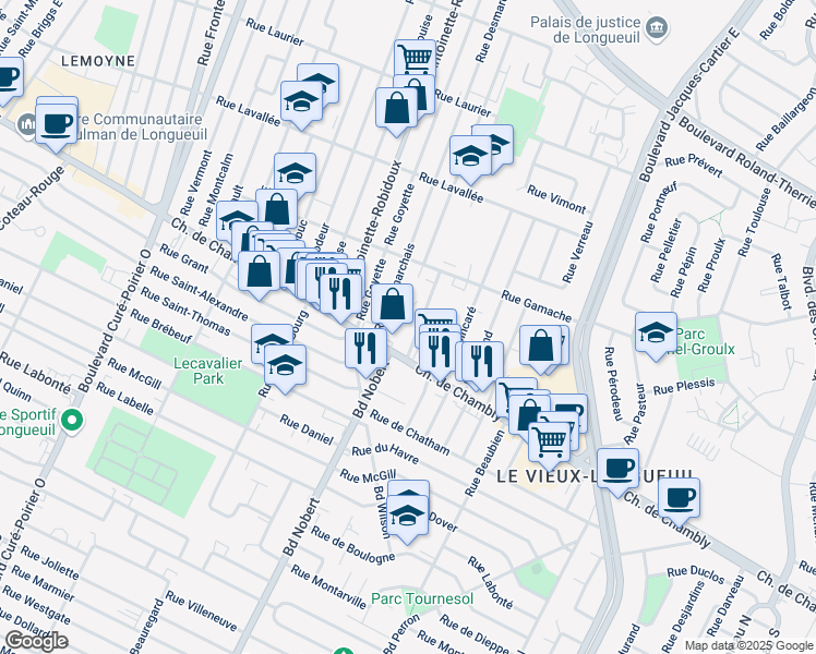 map of restaurants, bars, coffee shops, grocery stores, and more near 38 Rue Desmarchais in Longueuil
