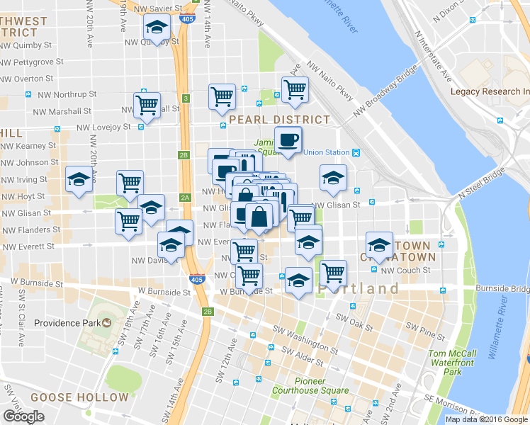 map of restaurants, bars, coffee shops, grocery stores, and more near 424 Northwest 11th Avenue in Portland