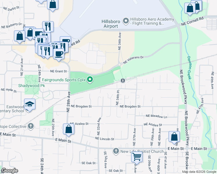map of restaurants, bars, coffee shops, grocery stores, and more near 3343 Northeast Olympic Street in Hillsboro