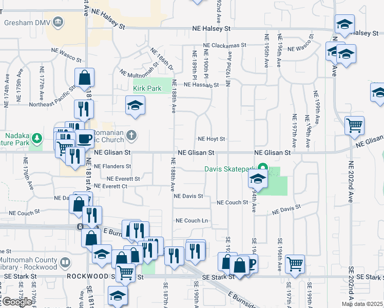 map of restaurants, bars, coffee shops, grocery stores, and more near 18920 Northeast Glisan Street in Portland