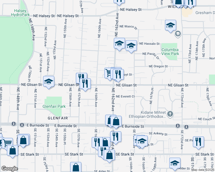 map of restaurants, bars, coffee shops, grocery stores, and more near 16117 Northeast Glisan Street in Portland