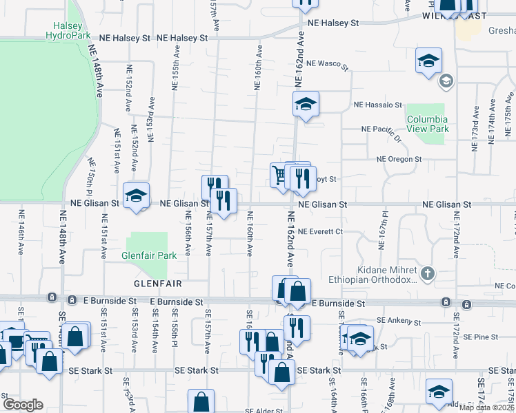map of restaurants, bars, coffee shops, grocery stores, and more near 15927 Northeast Glisan Street in Portland