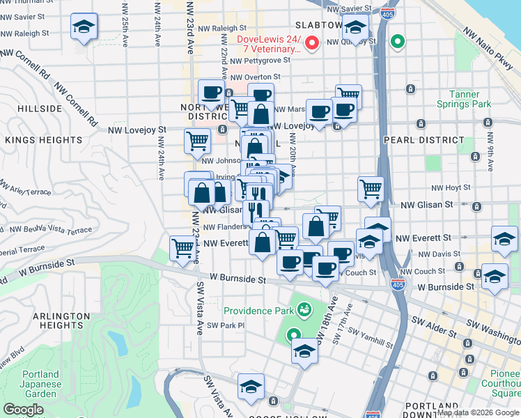 map of restaurants, bars, coffee shops, grocery stores, and more near 2075 Northwest Glisan Street in Portland