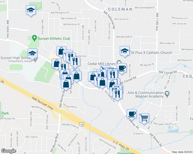 map of restaurants, bars, coffee shops, grocery stores, and more near 12815 Northwest Dogwood Street in Portland