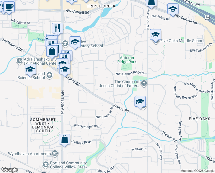 map of restaurants, bars, coffee shops, grocery stores, and more near 17800 Northwest Dogwood Court in Beaverton