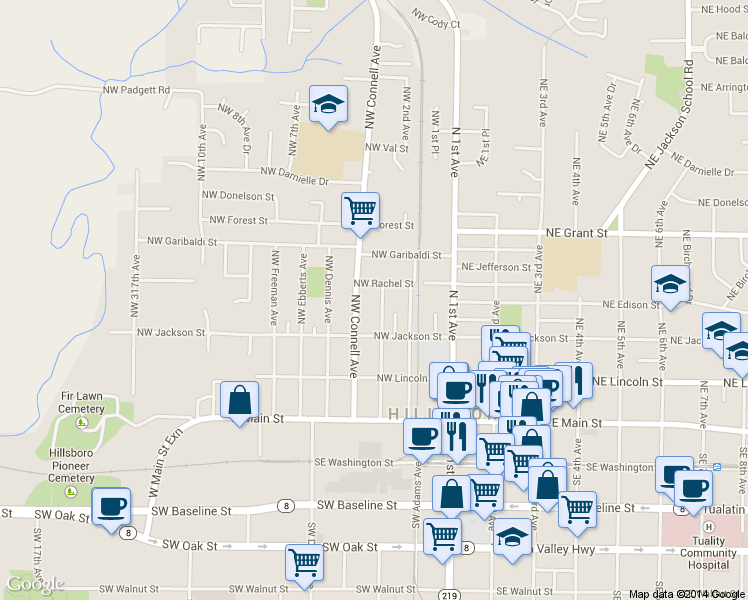 map of restaurants, bars, coffee shops, grocery stores, and more near 260 Northwest Rachel Street in Hillsboro