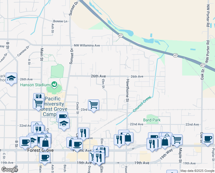 map of restaurants, bars, coffee shops, grocery stores, and more near 2851 25th Avenue in Forest Grove