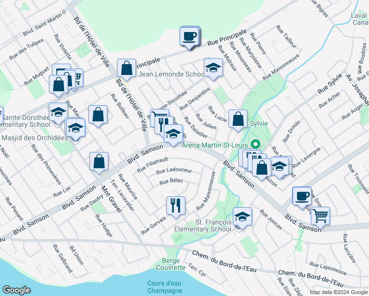 map of restaurants, bars, coffee shops, grocery stores, and more near 500 Boulevard Samson in Laval