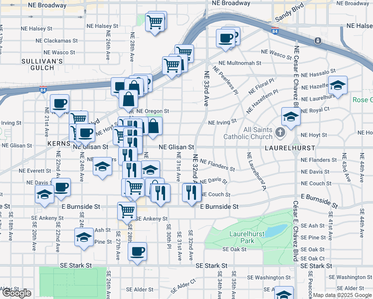 map of restaurants, bars, coffee shops, grocery stores, and more near 3136 Northeast Glisan Street in Portland