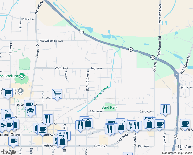 map of restaurants, bars, coffee shops, grocery stores, and more near 2745 25th Avenue in Forest Grove