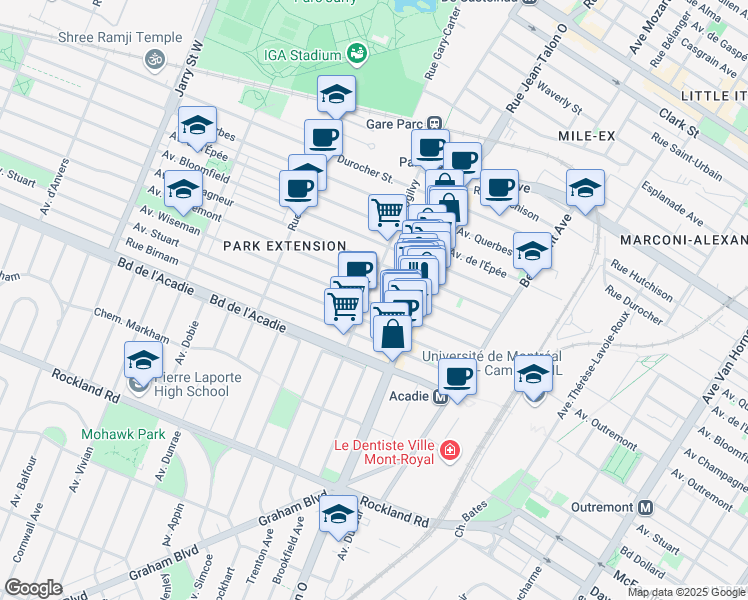 map of restaurants, bars, coffee shops, grocery stores, and more near 7285 Avenue Wiseman in Montréal