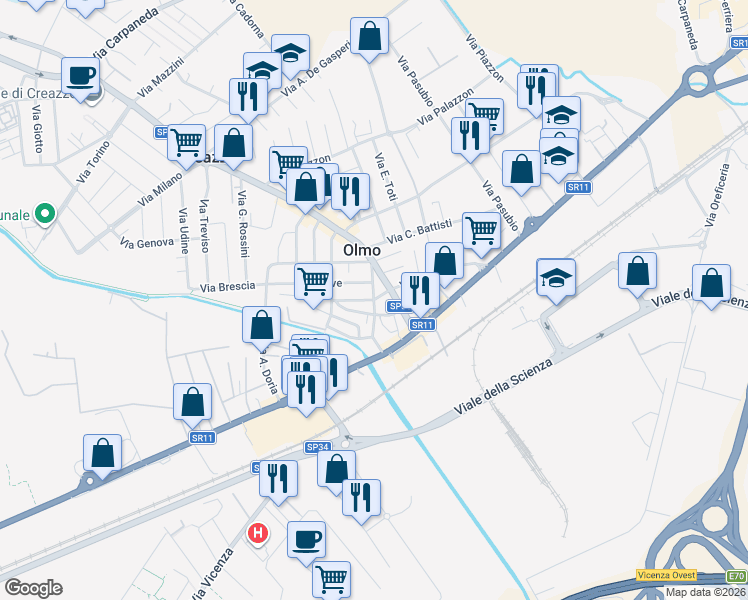 map of restaurants, bars, coffee shops, grocery stores, and more near 3 Via Brenta in Creazzo