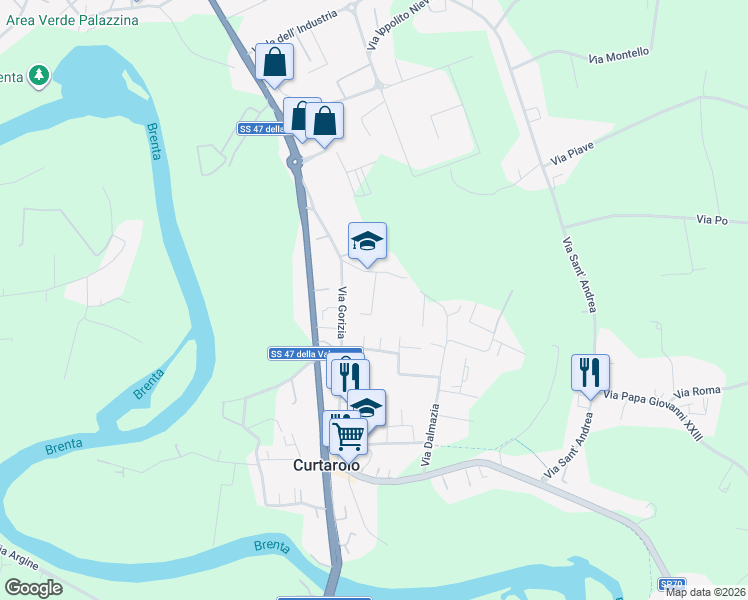 map of restaurants, bars, coffee shops, grocery stores, and more near 3 Via G. dei Menabuoi in Curtarolo