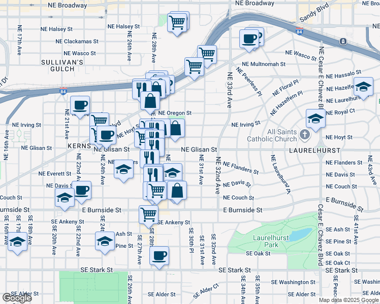 map of restaurants, bars, coffee shops, grocery stores, and more near 3016 Northeast Glisan Street in Portland