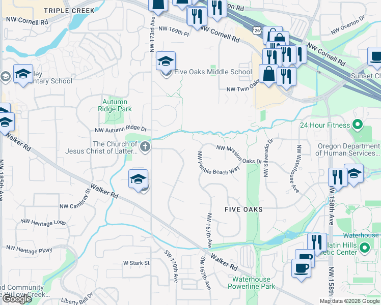 map of restaurants, bars, coffee shops, grocery stores, and more near 930 Northwest 170th Place in Beaverton